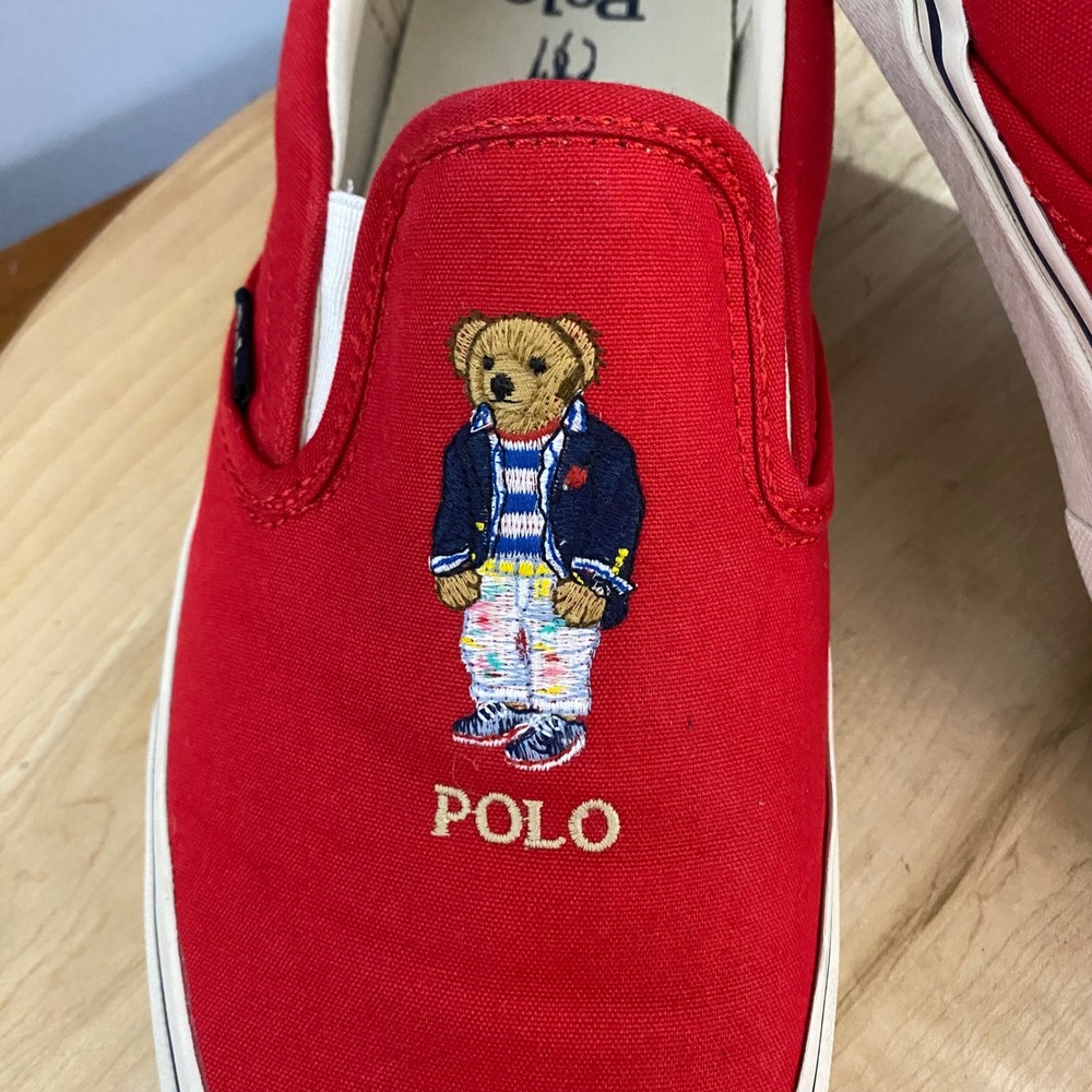 Polo Ralph Lauren Keaton Polo Bear Slip On Canvas Sneakers Shoes Red Mens Sz 9 - Picture 14 of 15